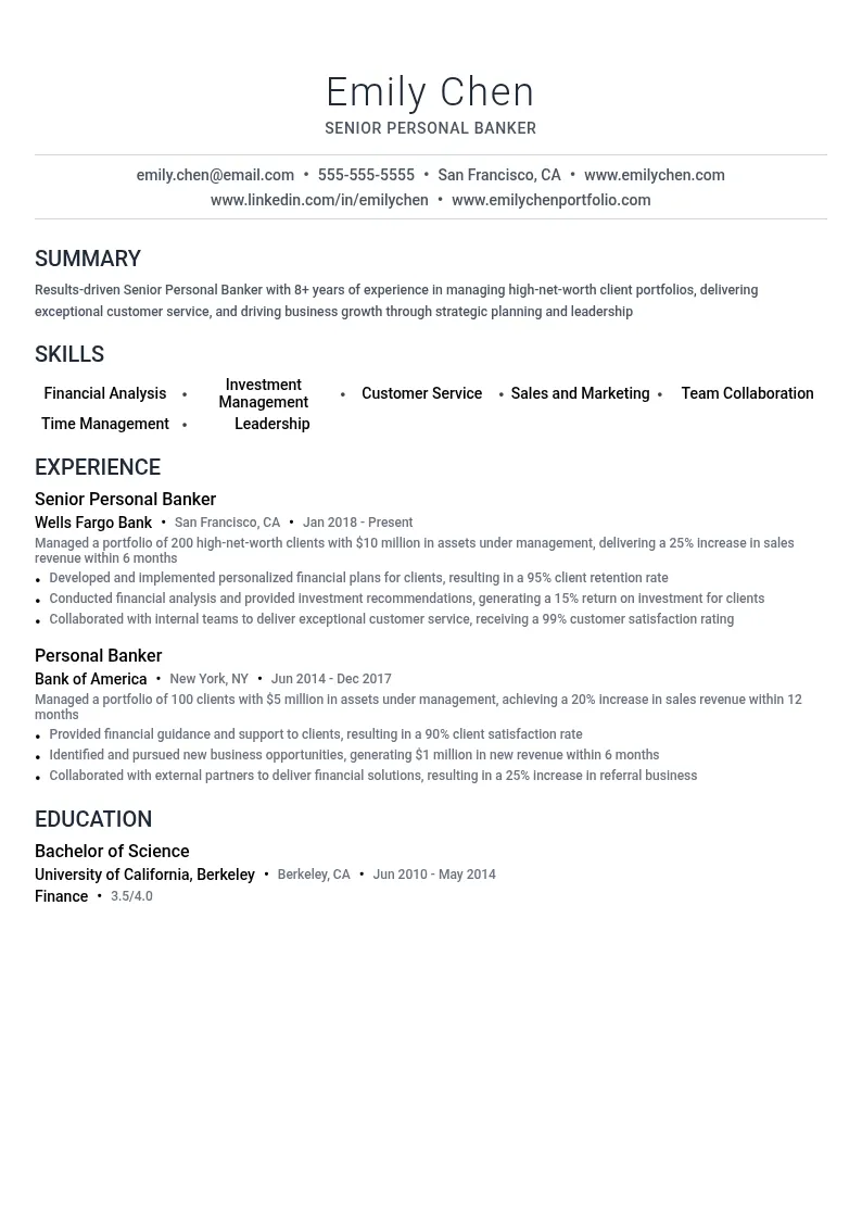 Senior Personal Banker resume example
