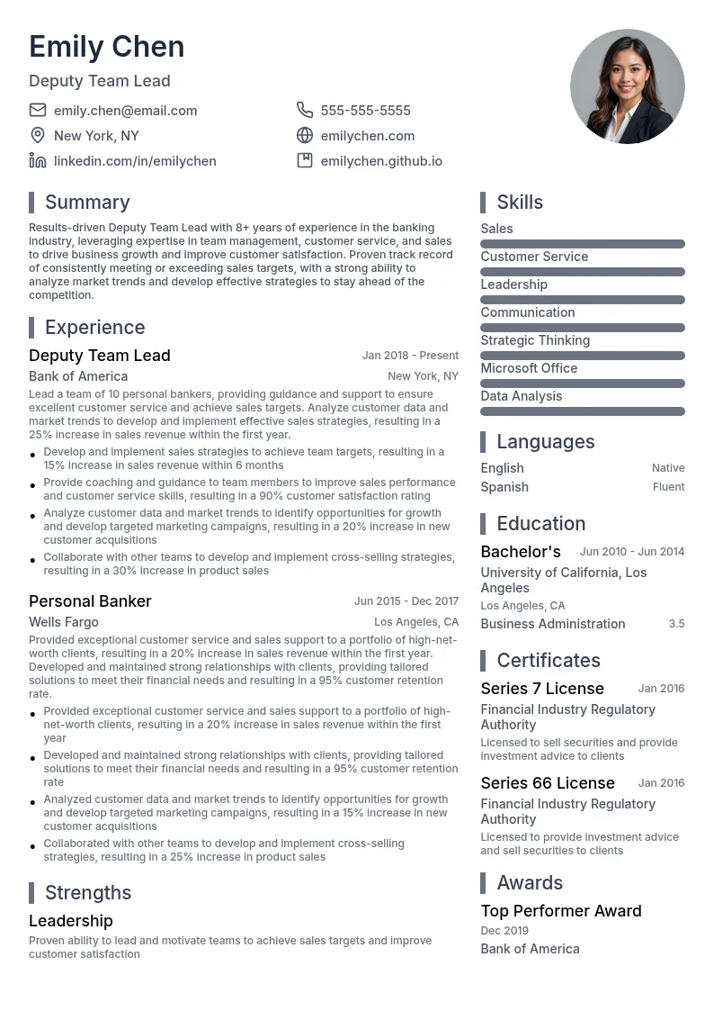 Deputy Team Lead resume example