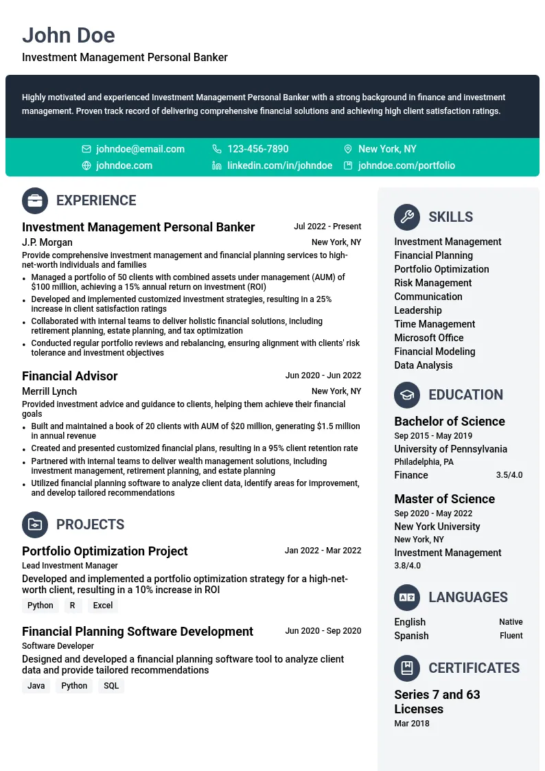 Investment Management Personal Banker resume example