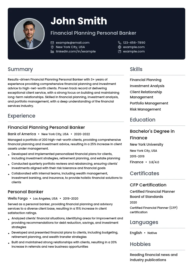 Financial Planning Personal Banker resume example