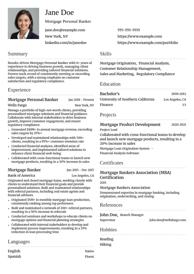 Mortgage Personal Banker resume example