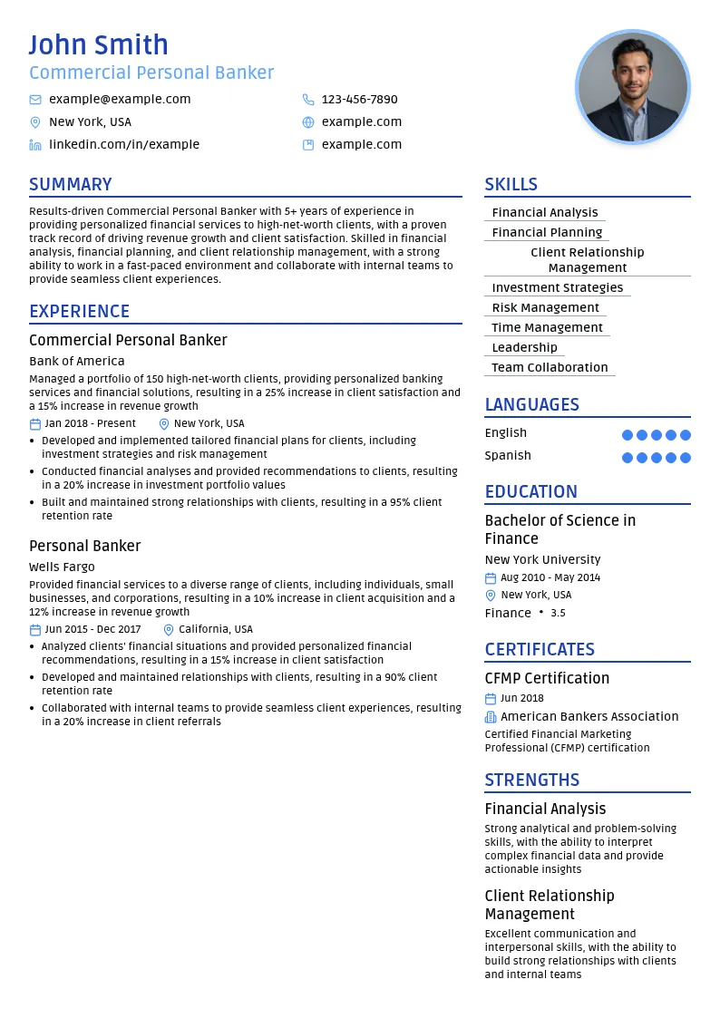 Commercial Personal Banker resume example