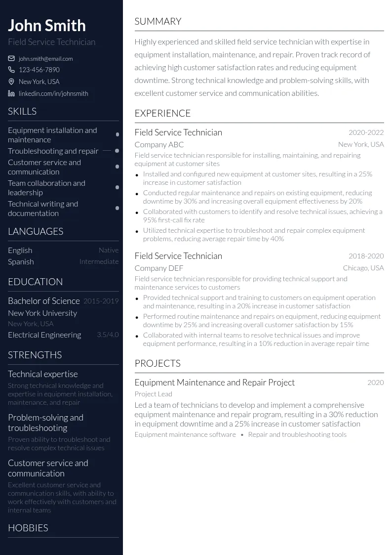 Field Service Technician resume example