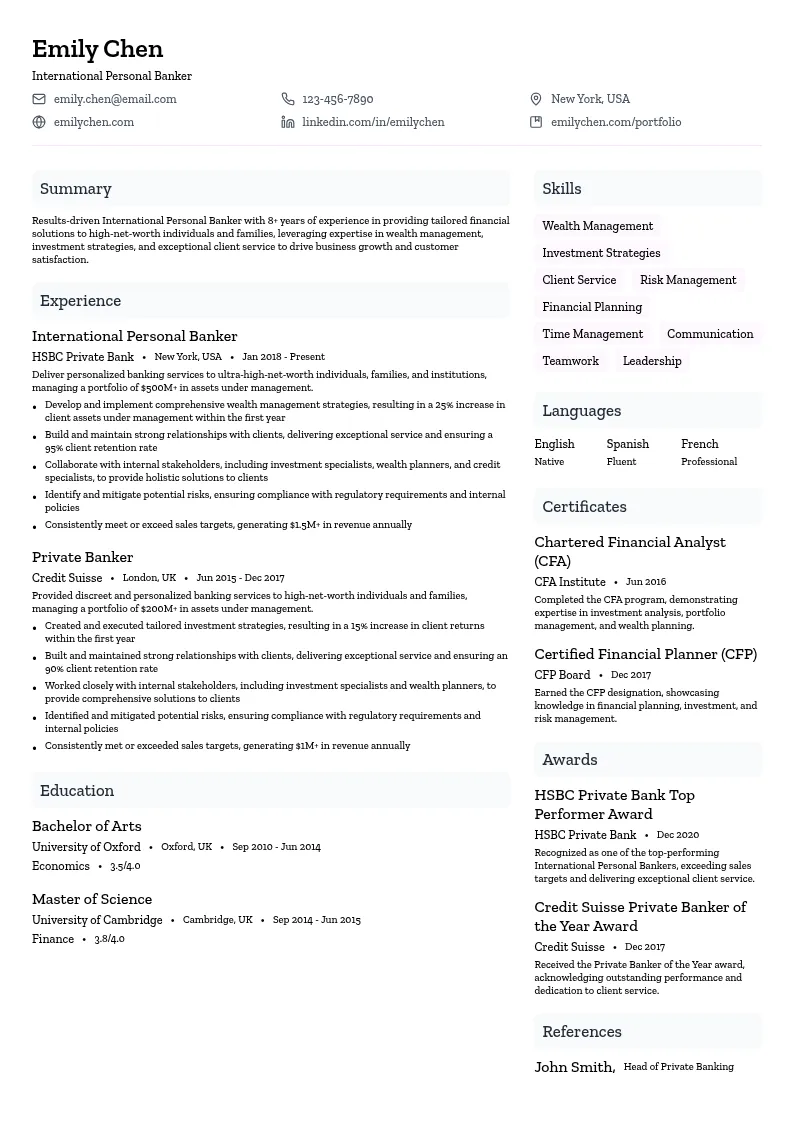 International Personal Banker resume example