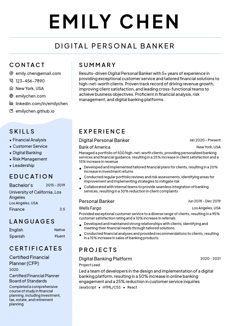 Digital Personal Banker resume example