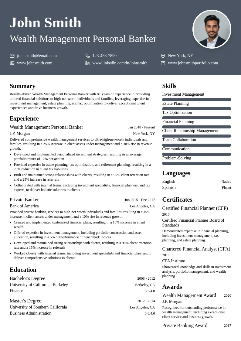 Wealth Management Personal Banker resume example