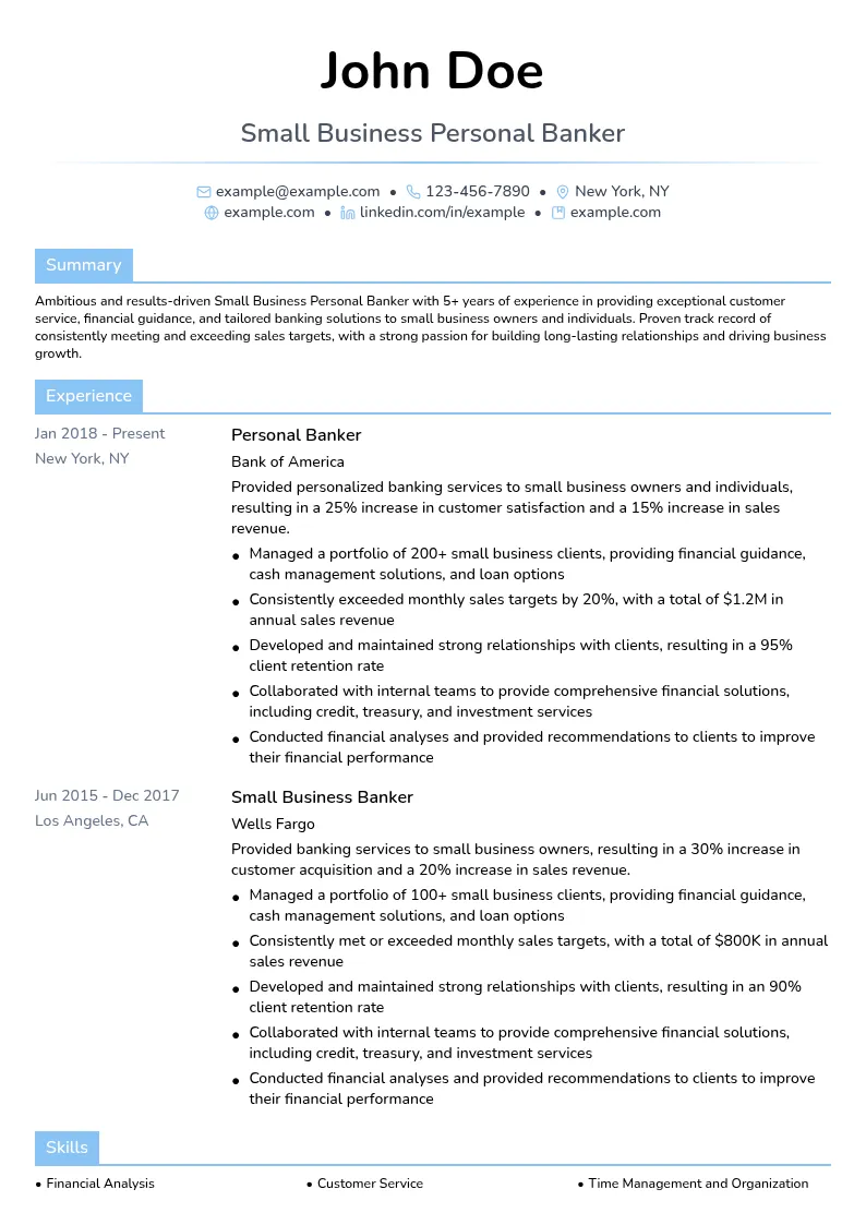 Small Business Personal Banker resume example