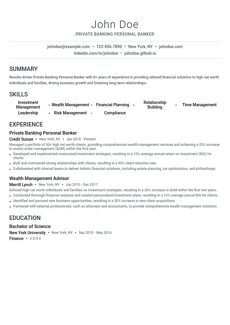 Private Banking Personal Banker resume example