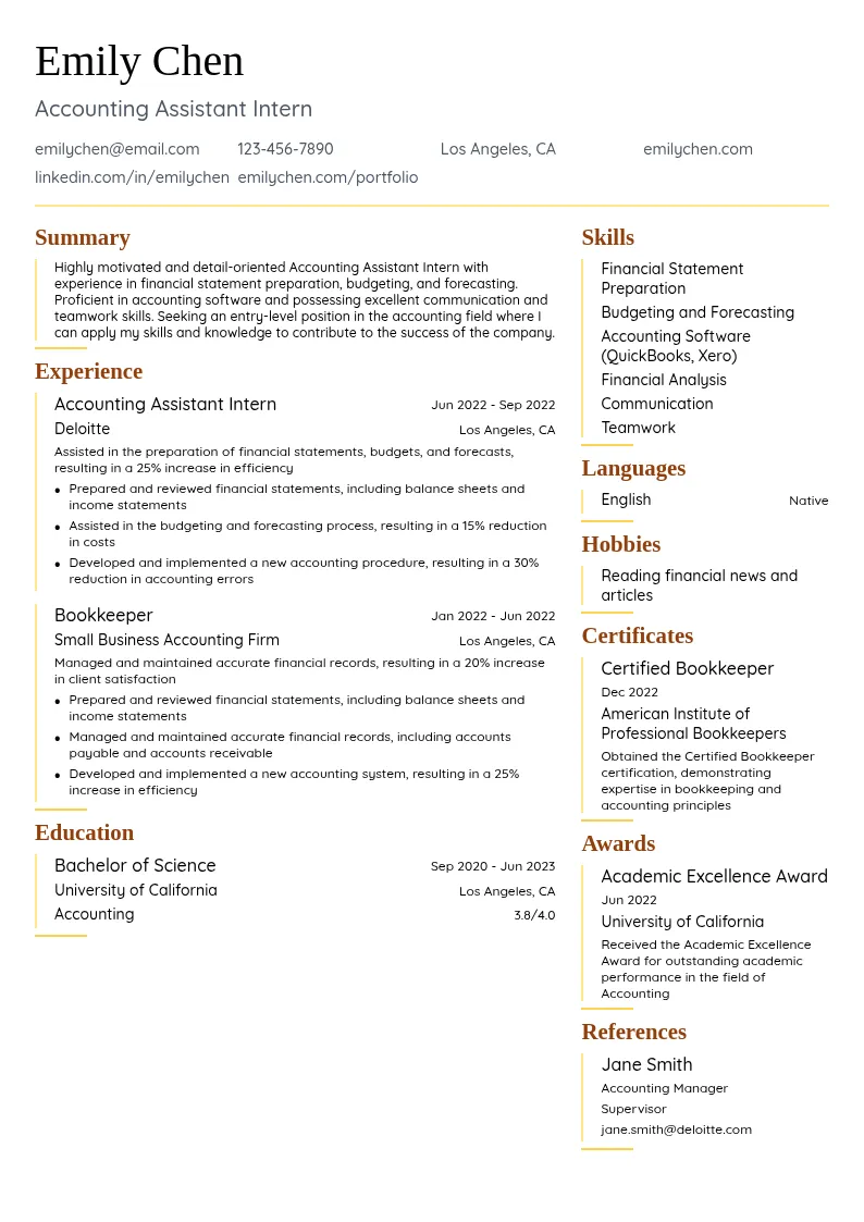 Accounting Assistant Intern resume example
