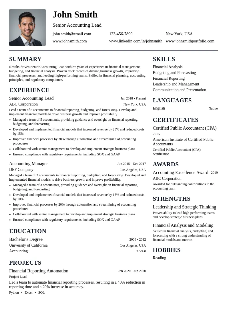 Senior Accounting Lead resume example