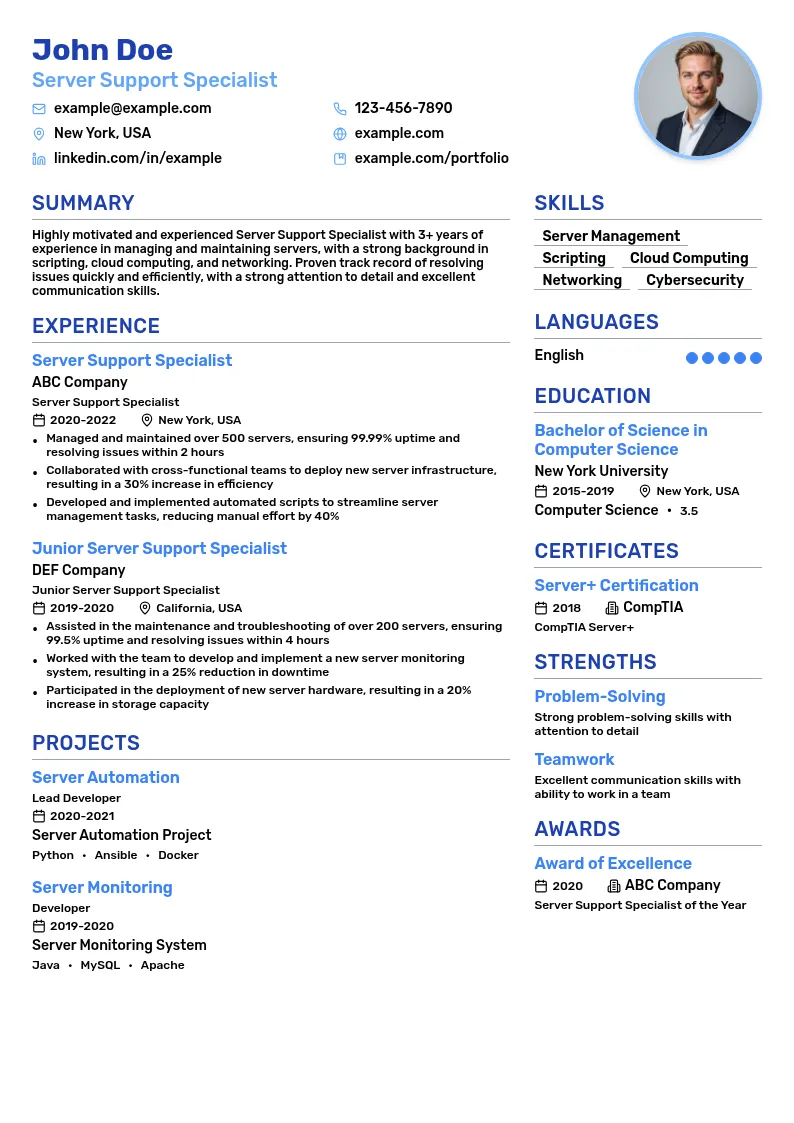 Server Support Specialist resume example