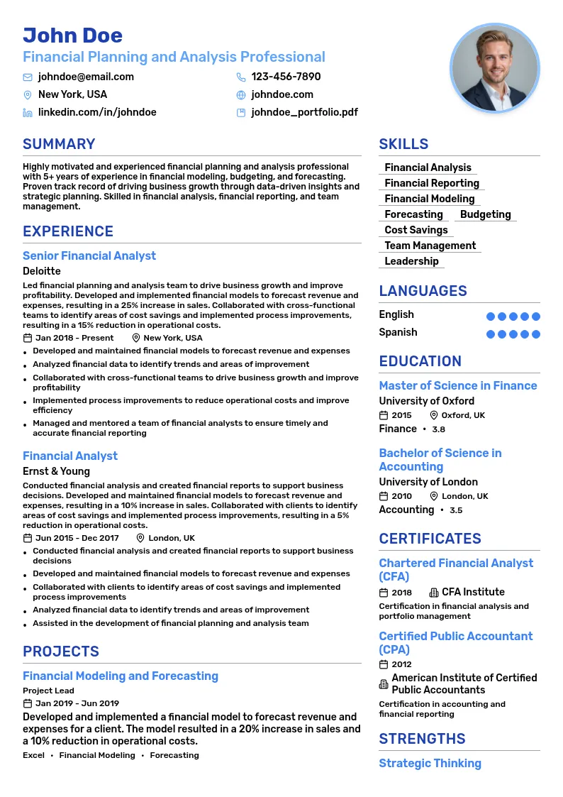 Financial Planning and Analysis resume example
