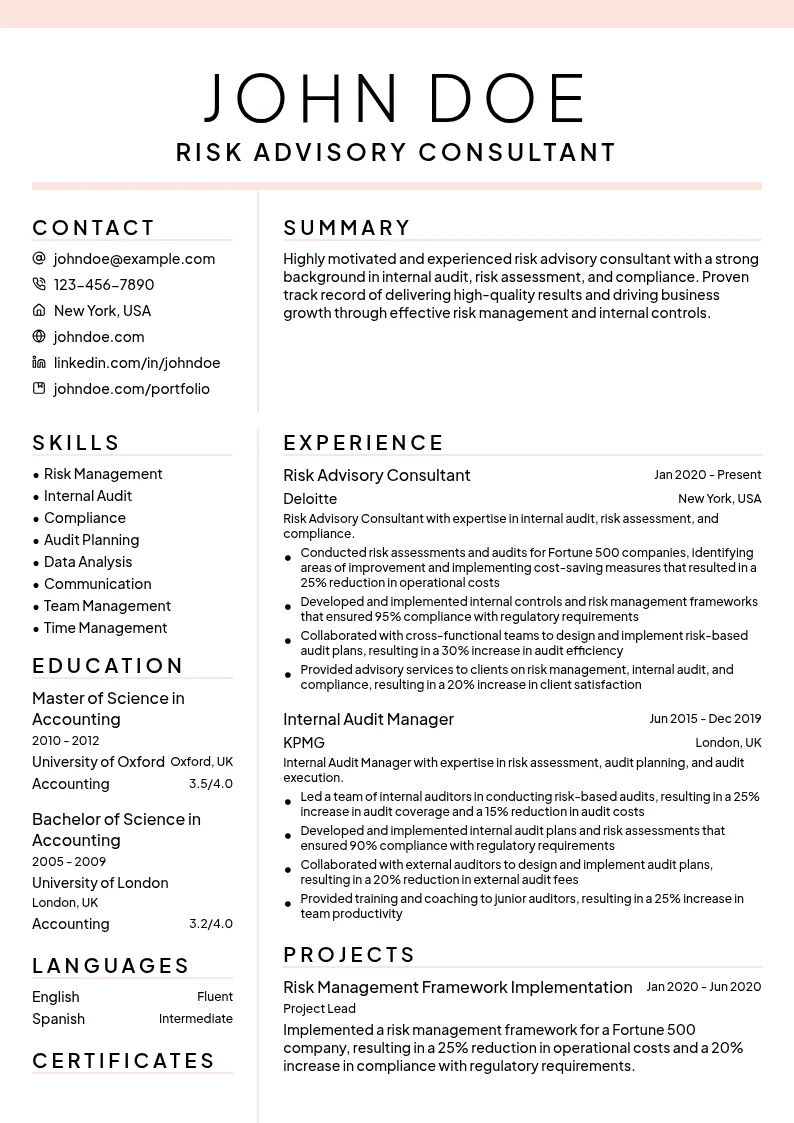 Risk Advisory resume example