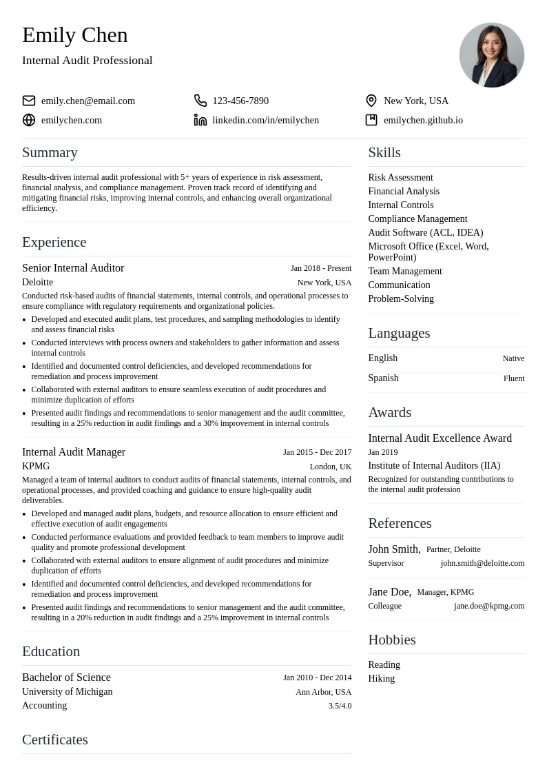 Internal Audit resume example