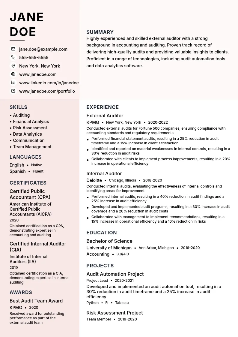 External Auditing resume example