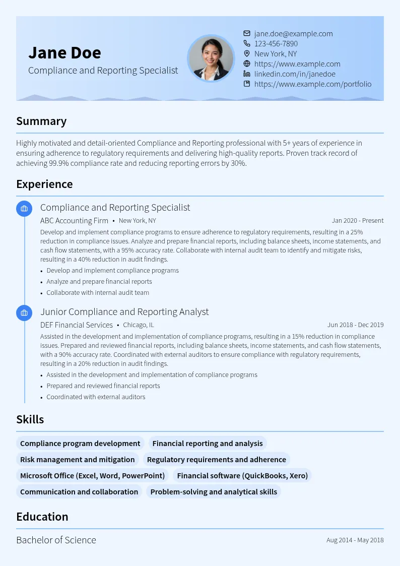 Compliance and Reporting resume example