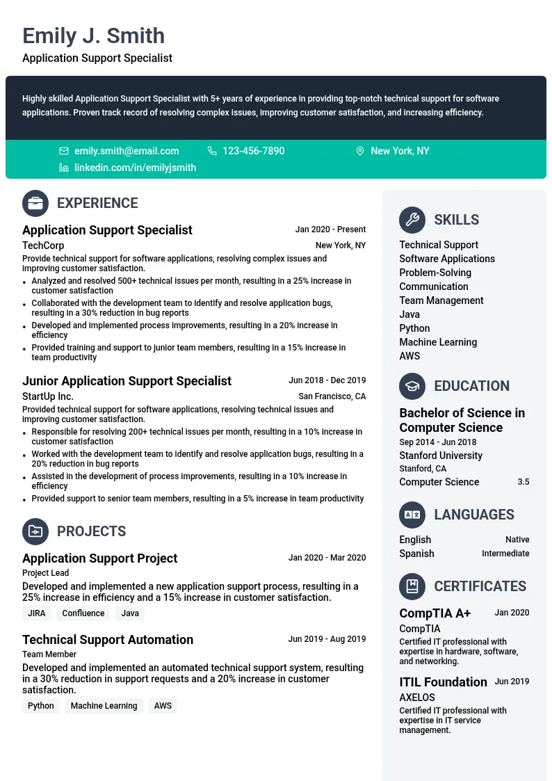 Application Support Specialist resume example