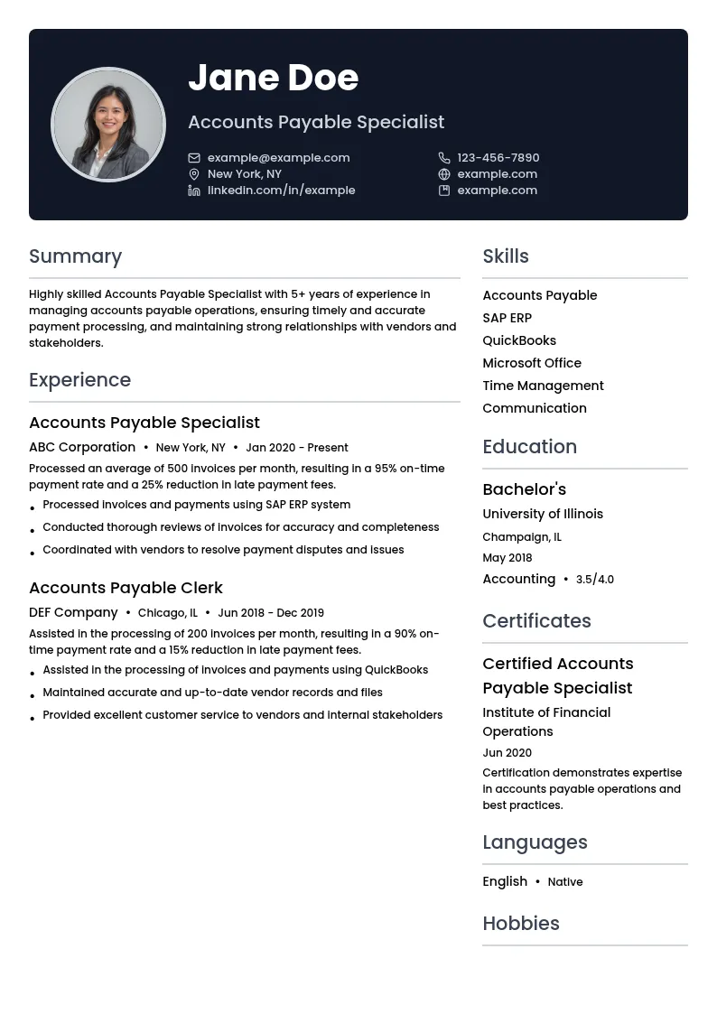 Accounts Payable Specialist resume example