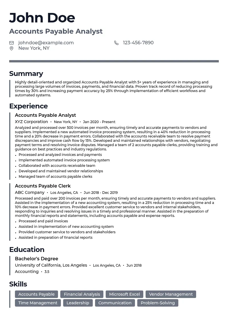 Accounts Payable Analyst resume example