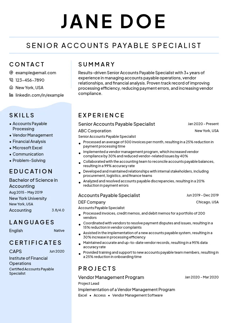 Senior Accounts Payable Specialist resume example