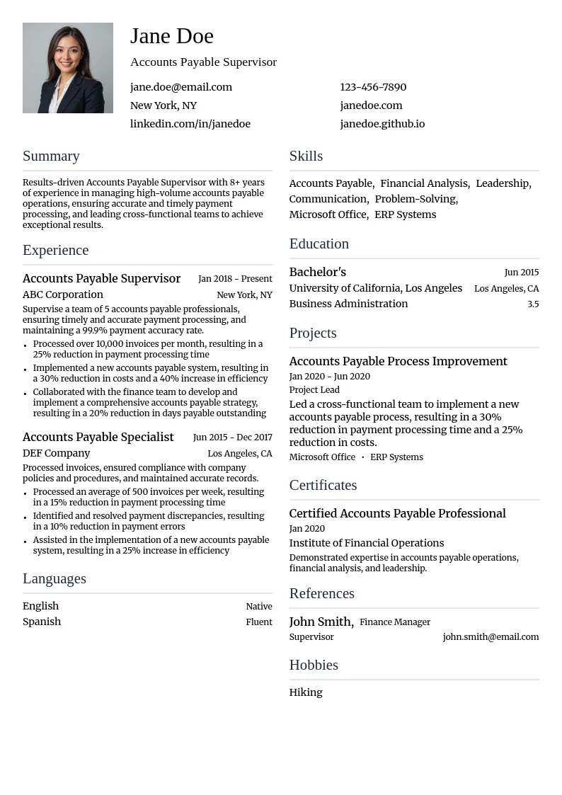 Accounts Payable Supervisor resume example