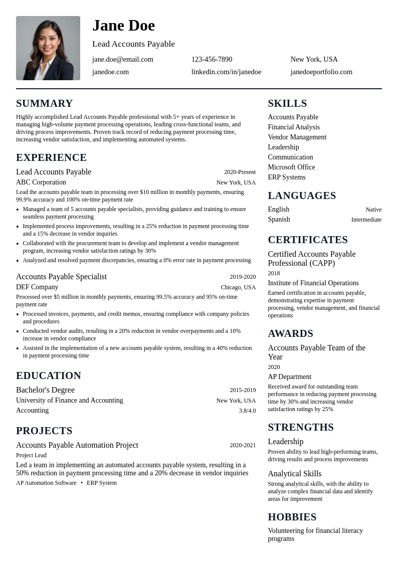 Lead Accounts Payable resume example