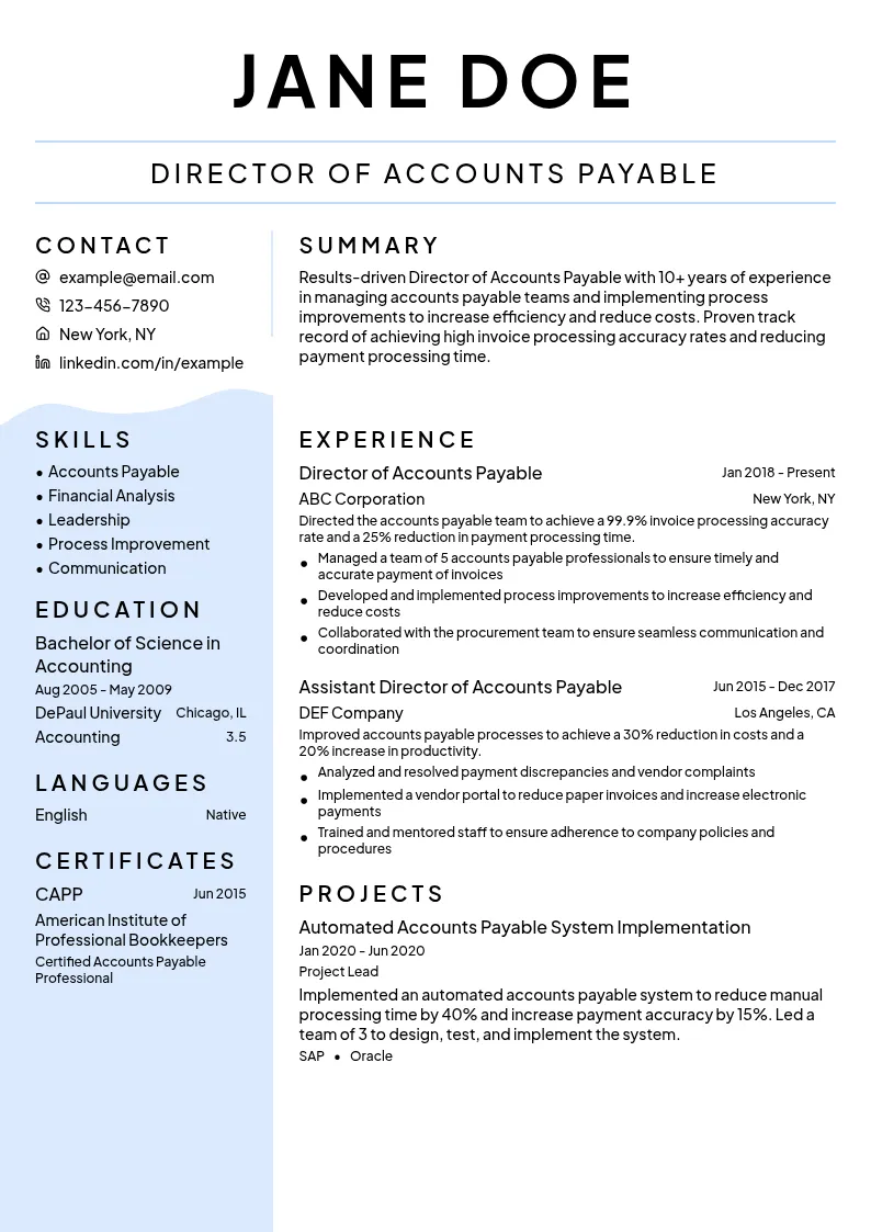 Director of Accounts Payable resume example