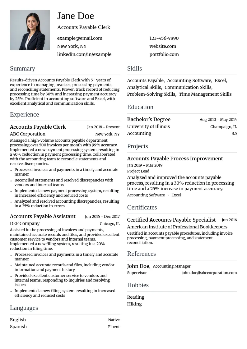 Accounts Payable Clerk resume example
