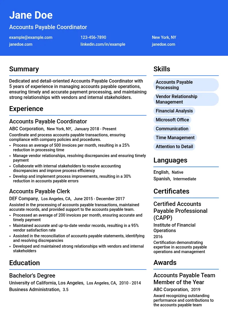 Accounts Payable Coordinator resume example