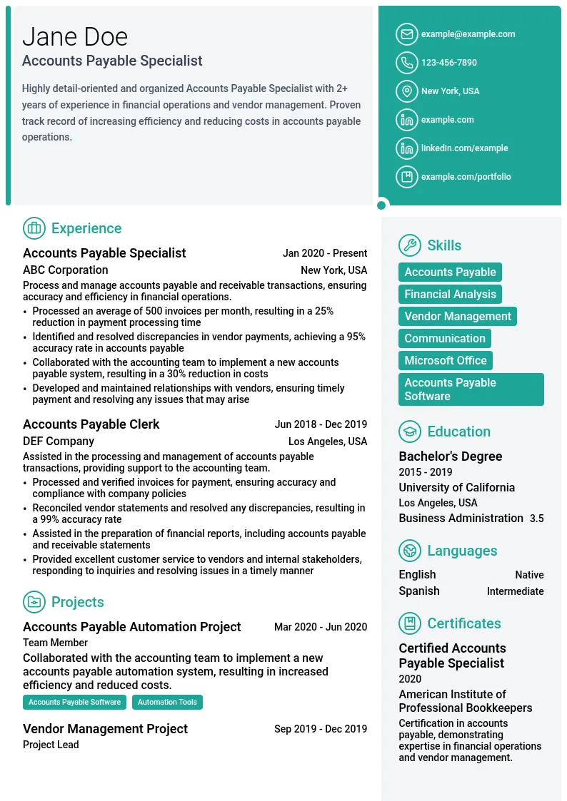 Accounts Payable Specialist - Receivables resume example