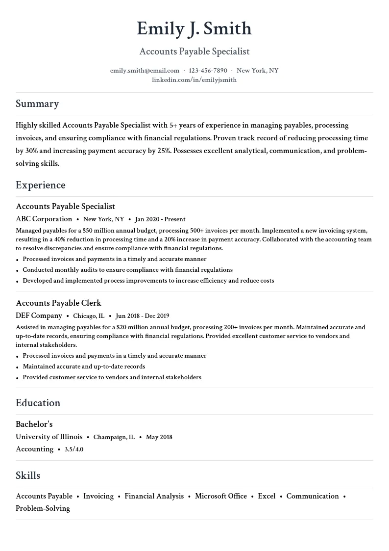 Accounts Payable Specialist - Payables resume example