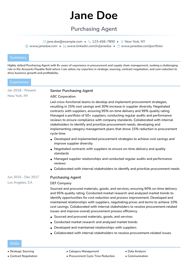 Purchasing Agent resume example