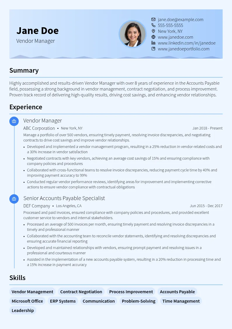 Vendor Manager resume example