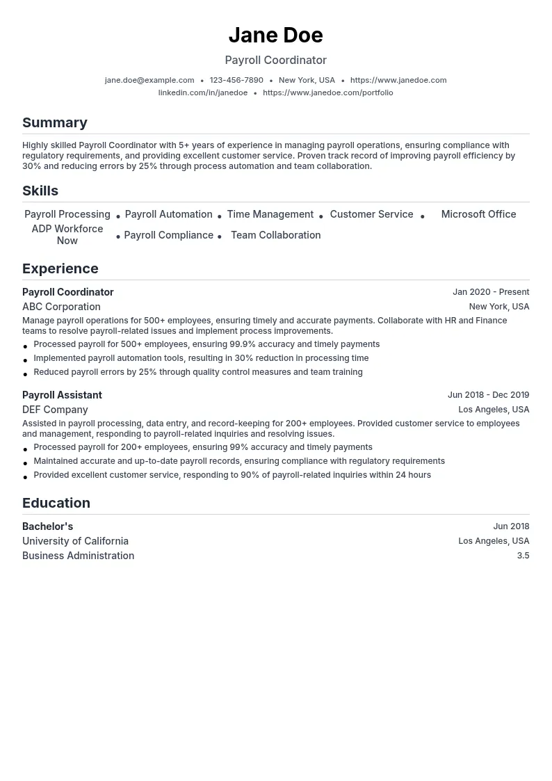 Payroll Coordinator resume example