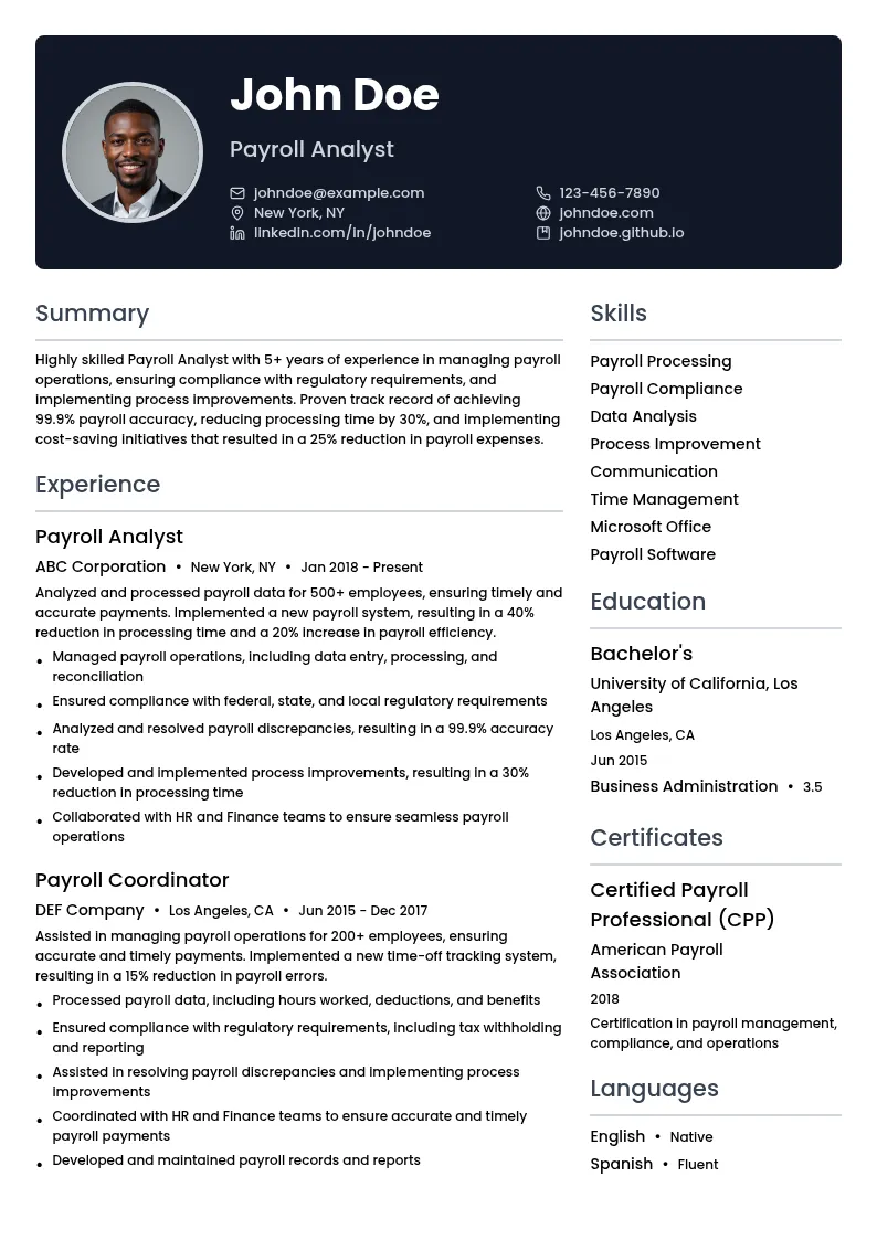 Payroll Analyst resume example