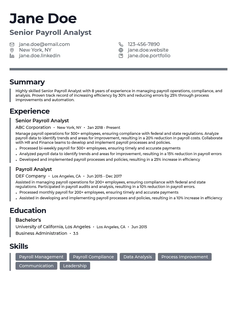 Senior Payroll Analyst resume example