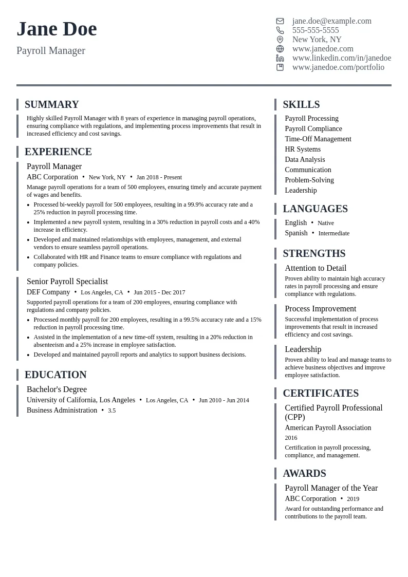 Payroll Manager resume example