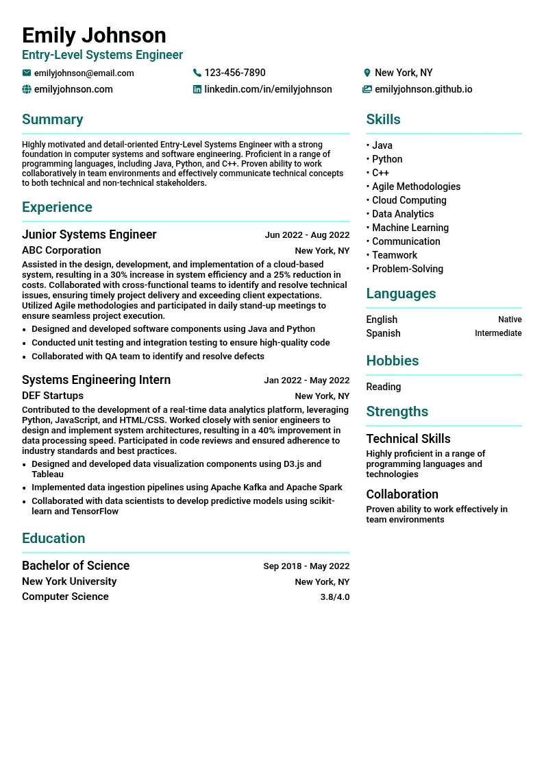 Entry-Level Systems Engineer resume example