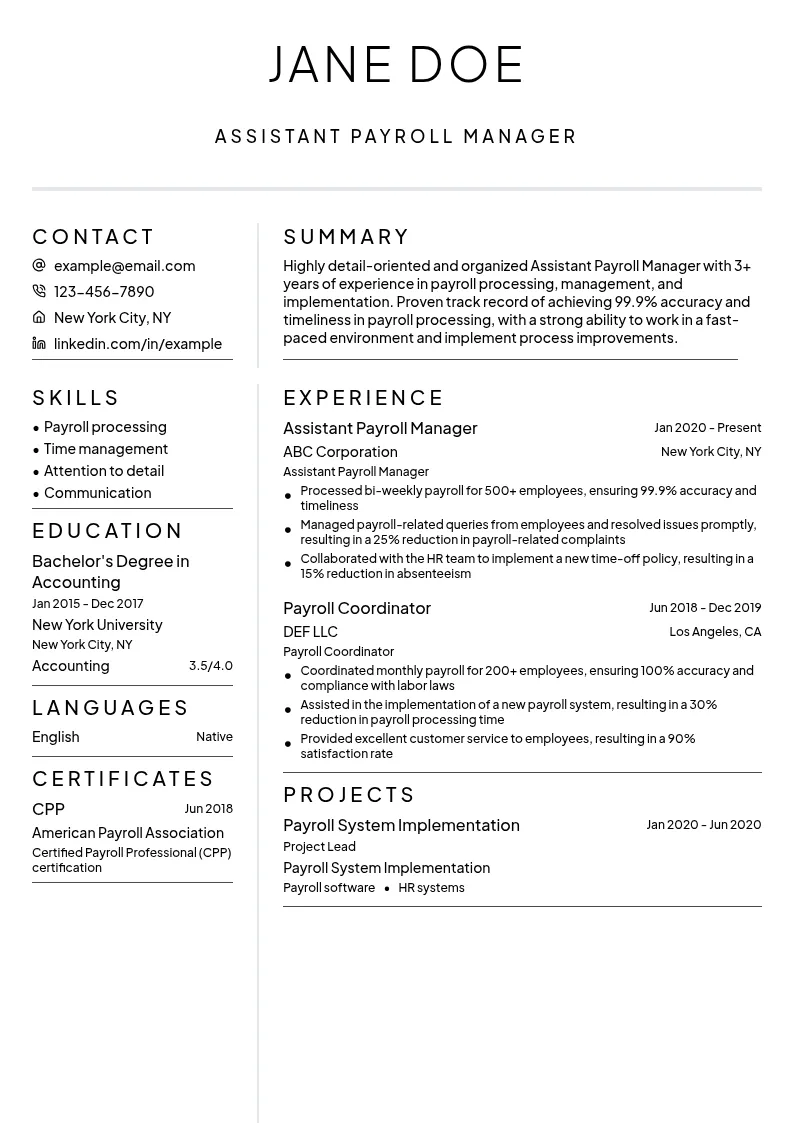 Assistant Payroll Manager resume example