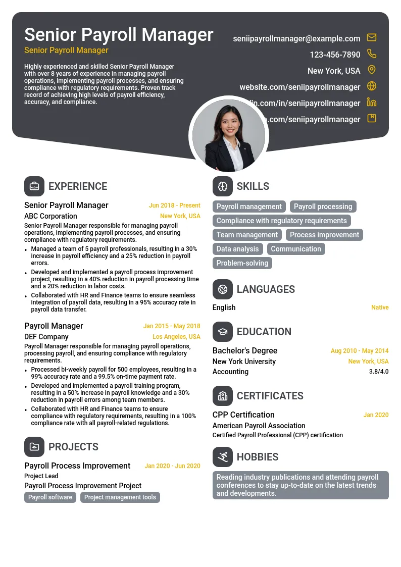 Senior Payroll Manager resume example