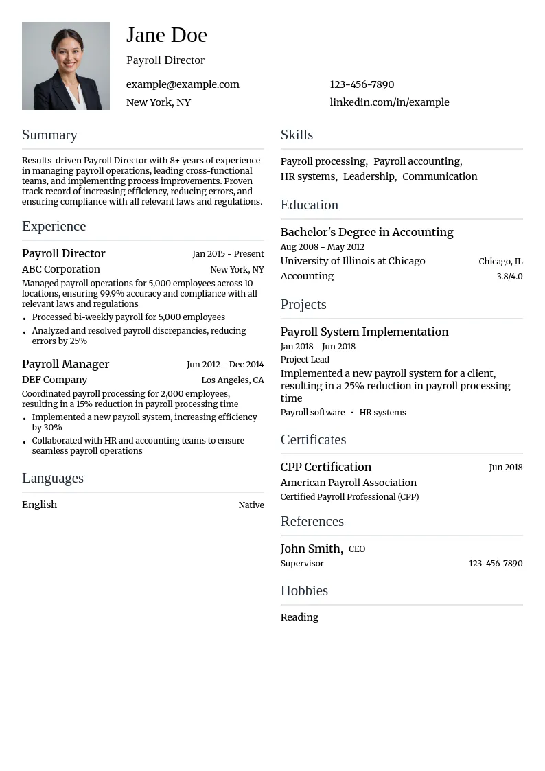 Payroll Director resume example