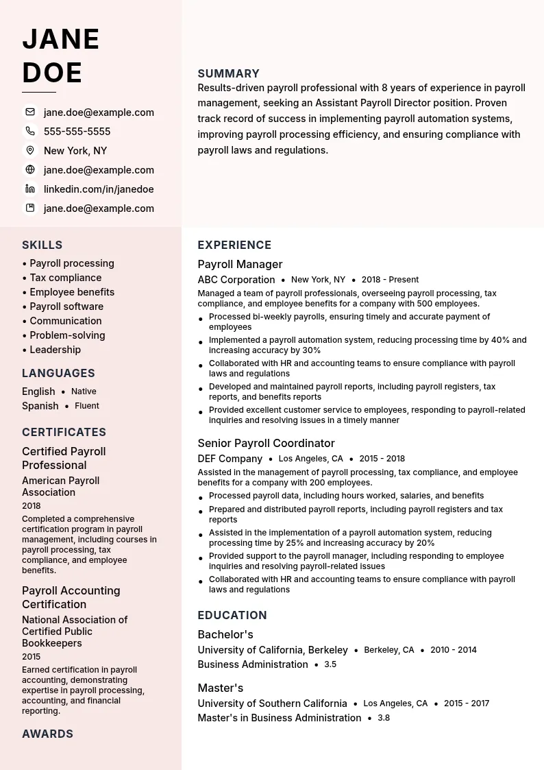 Assistant Payroll Director resume example