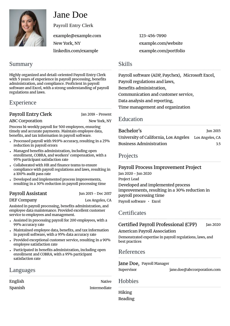 Payroll Entry Clerk resume example