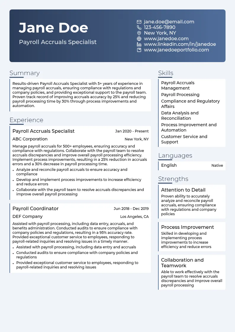 Payroll Accruals Specialist resume example
