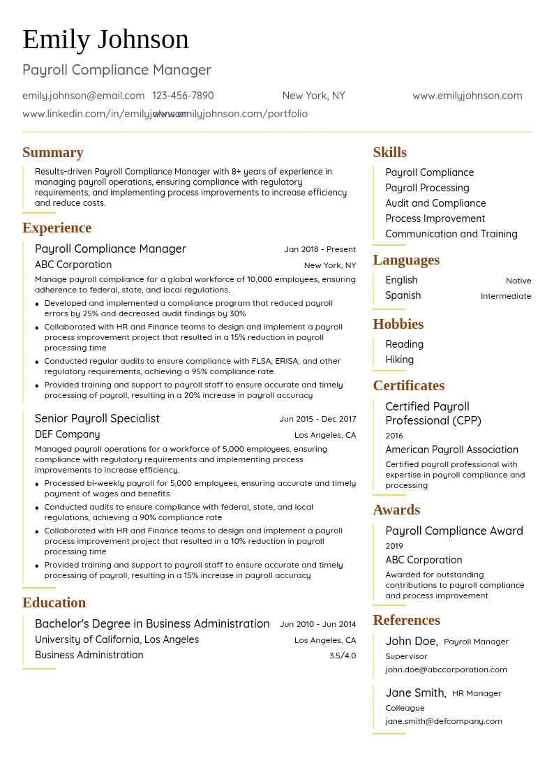 Payroll Compliance Manager resume example