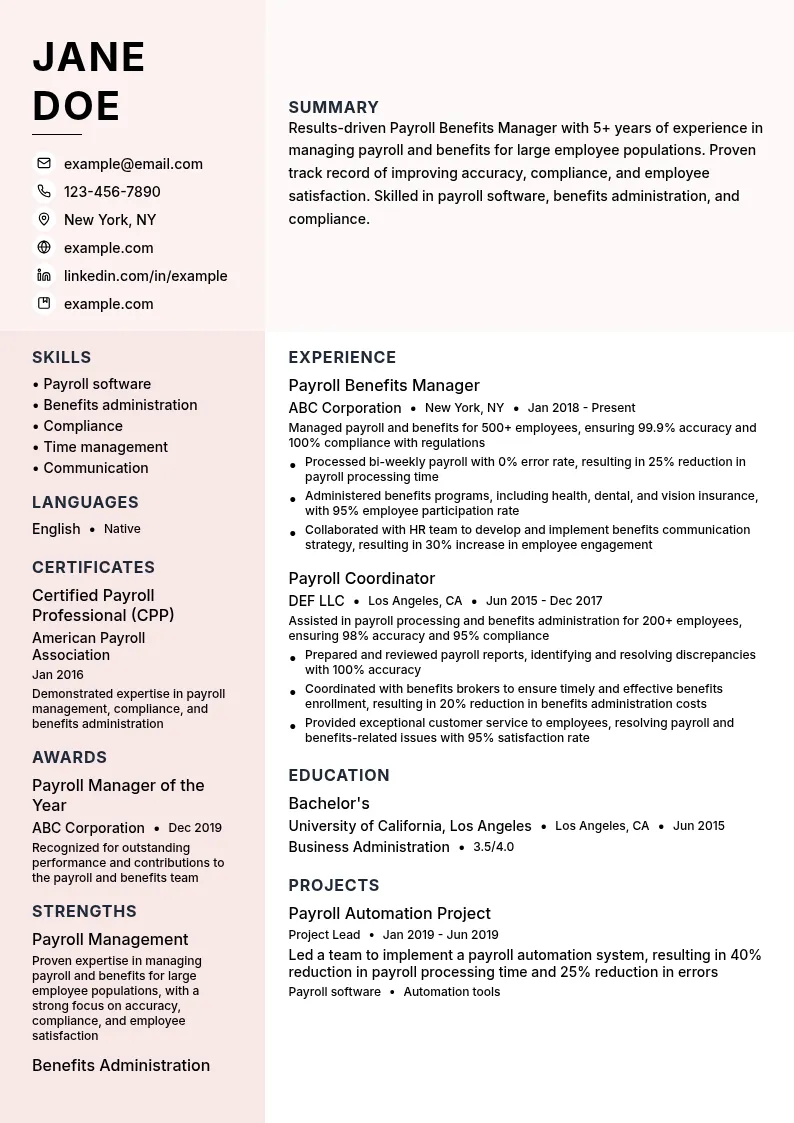 Payroll Benefits Manager resume example