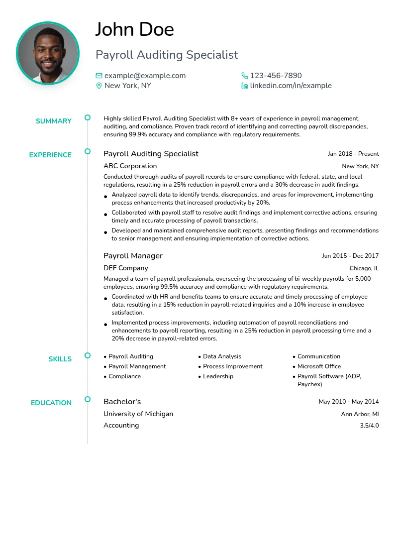 Payroll Auditing Specialist resume example