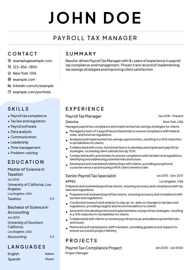 Payroll Tax Manager resume example