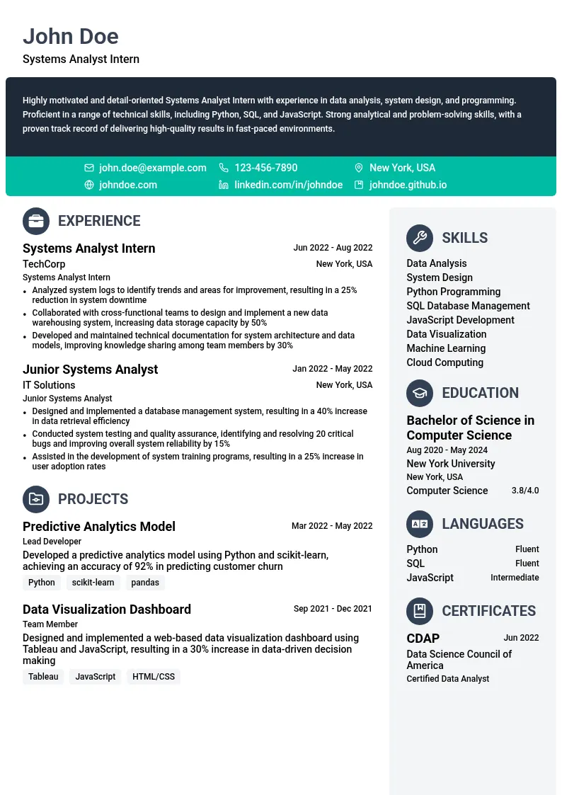 Systems Analyst Intern resume example