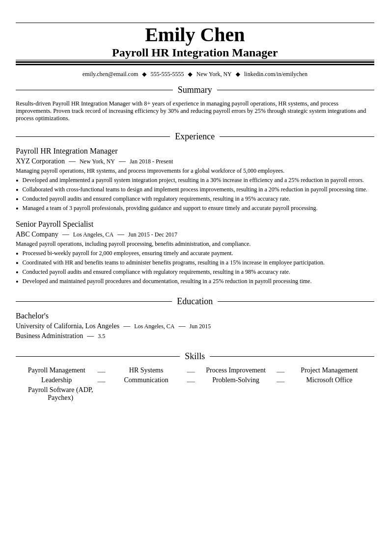 Payroll HR Integration Manager resume example